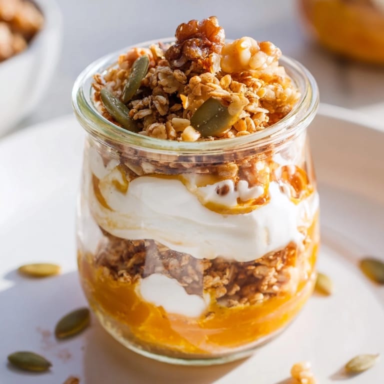 Homemade pumpkin yogurt parfait in a jar, showcasing layers of pumpkin, yogurt, and crunchy granola.