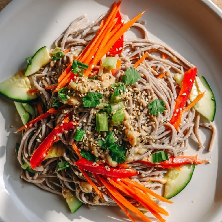 Vibrant soba noodle salad, showcasing a delightful mix of fresh veggies, ready to enjoy with a lime wedge.