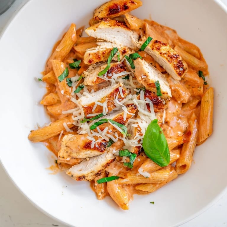 Close-up of the delicious Creamy Tomato Basil Chicken Pasta, perfect for a comforting dinner.