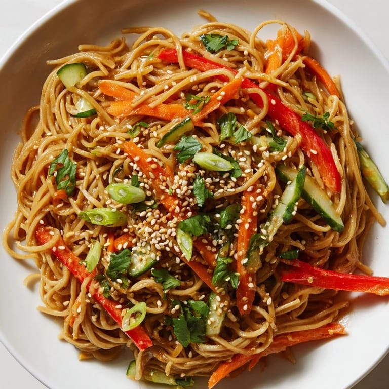 Freshly made Garlic Noodle Salad, tossed with crunchy bell peppers and carrots, perfect for lunch.