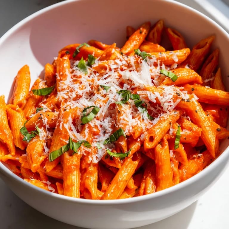 Tempting photo of microwave bowl pasta, invitingly topped with Parmesan and fresh basil, ready to eat.