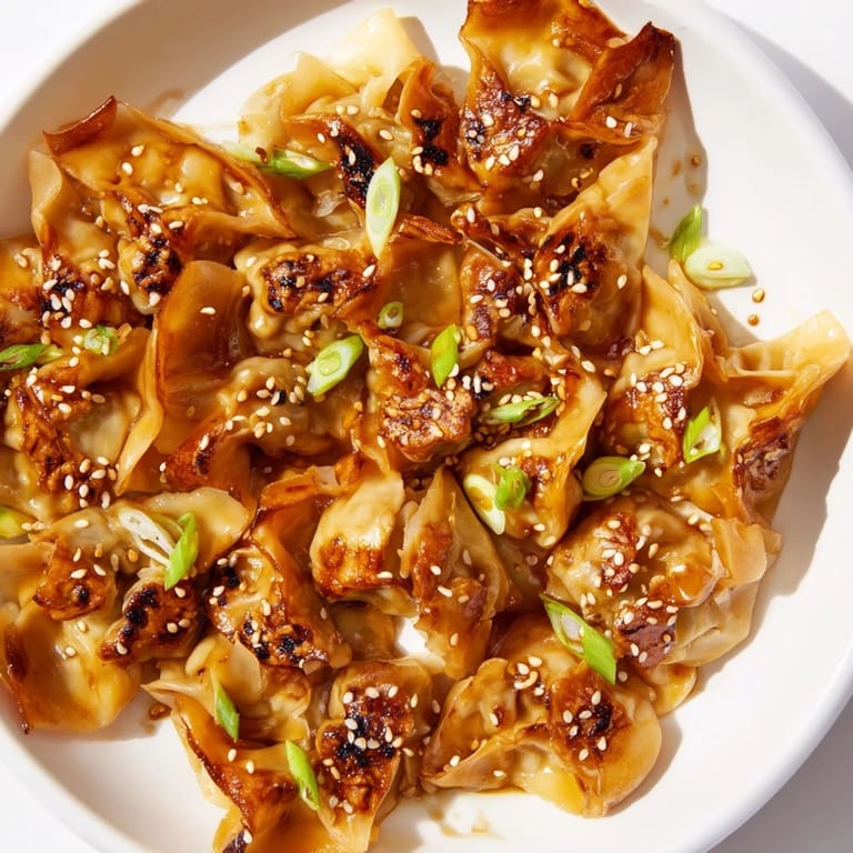 Golden-brown air fryer frozen dumplings glistening with a savory sesame oil glaze and sesame seeds.