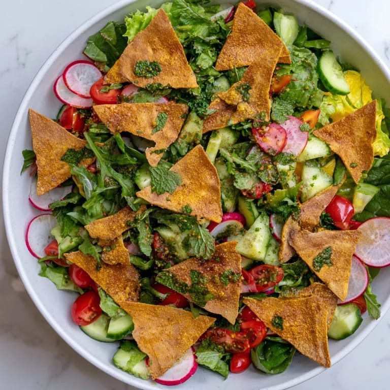 Golden, crispy pita chips top the delicious Summery Fattoush Crunch Salad tossed in tangy sumac dressing.