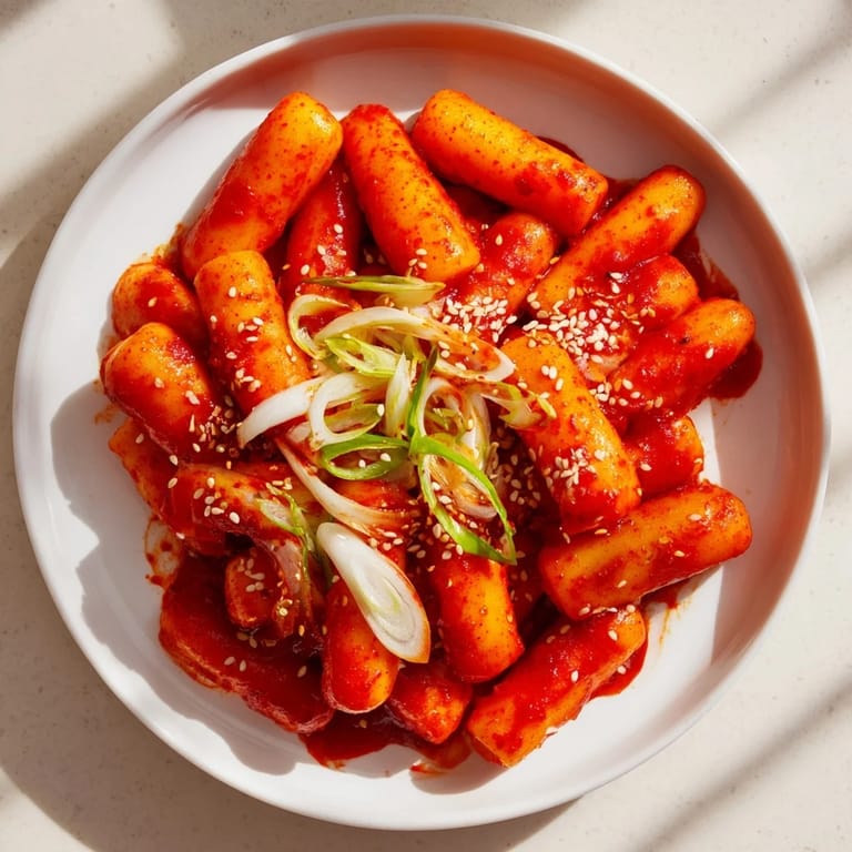 Savory Korean Tteokbokki: Chewy rice cakes swimming in a spicy gochujang sauce, ready to serve.