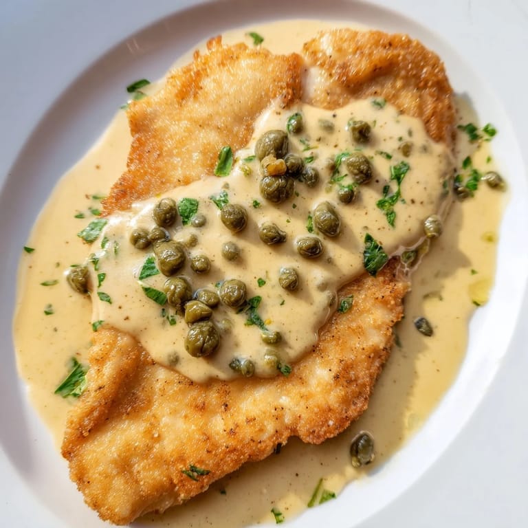 Close-up of golden pan-fried chicken breasts smothered in luscious Creamy Chicken Piccata sauce.