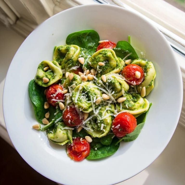 Pesto Tortellini Salad served chilled on a white platter, perfect for summer picnics.