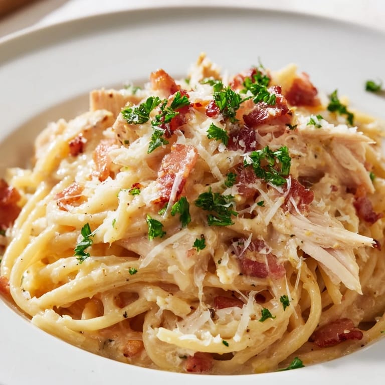 A rustic skillet of Chicken Carbonara served with extra grated Parmesan, paired with a glass of white wine on the table.