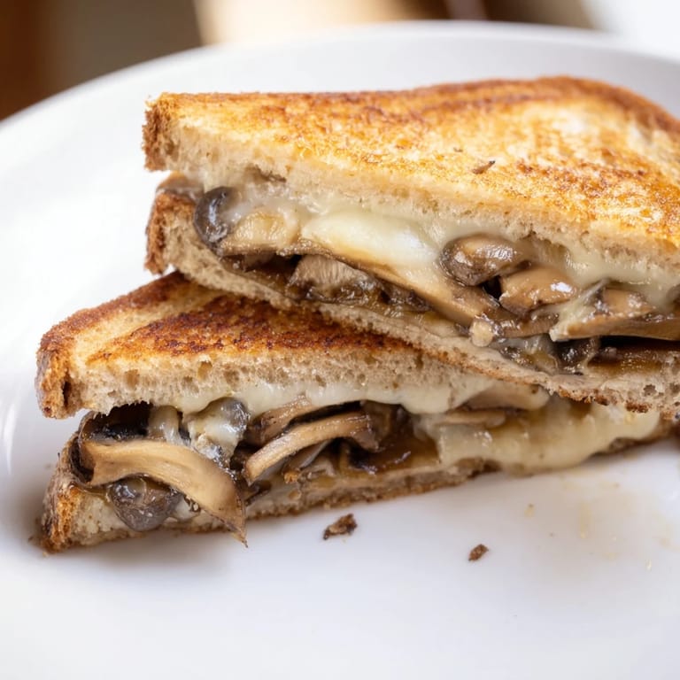 Two toasted Mushroom Swiss Grilled Cheese halves stacked on a white plate, ready to dip into a bowl of creamy tomato soup for a comforting meal.