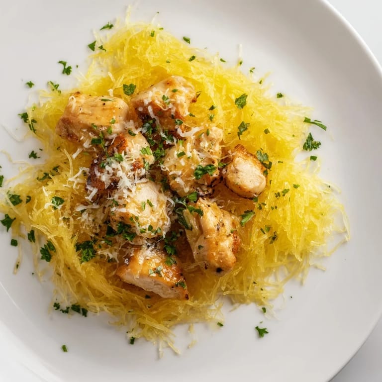 Freshly prepared Lemon Garlic Chicken Spaghetti Squash in a rustic skillet, featuring golden chicken pieces and vibrant yellow squash with a lemon wedge garnish.