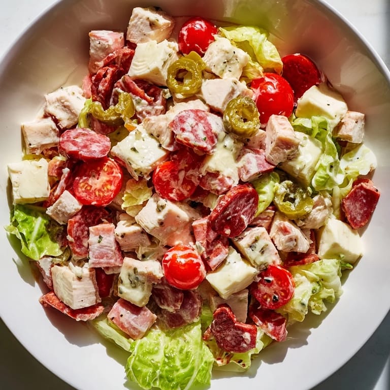 Italian Deli Chopped Chicken Salad served in a white bowl, garnished with cherry tomatoes, pepperoncini, and fresh herbs.