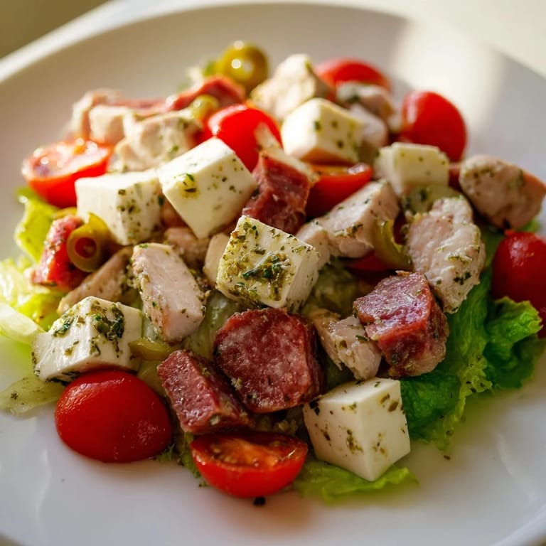 Bright overhead view of Italian Deli Chopped Chicken Salad, showcasing chopped chicken, cucumber, red onion, and a tangy vinaigrette.