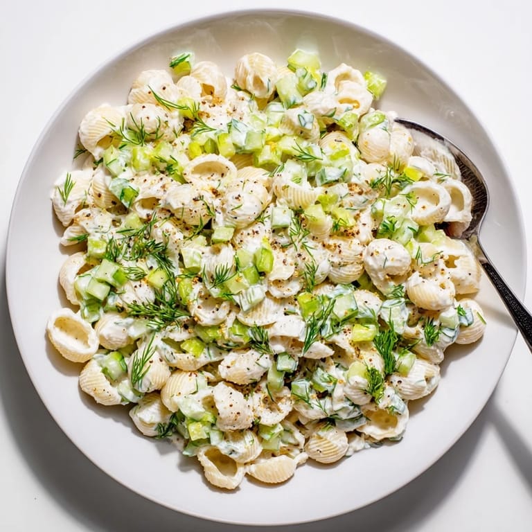 Bright green cucumbers and tender pasta shells are tossed in a tangy sour cream dressing, garnished with dill and everything seasoning.