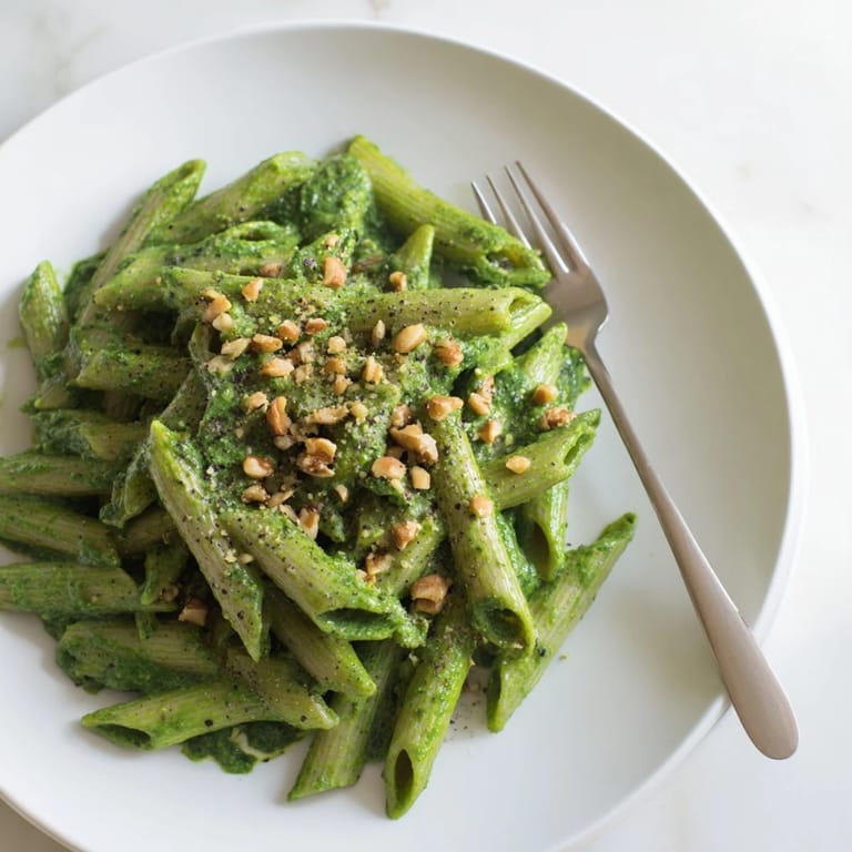 Overhead shot of creamy spinach walnut pasta tossed with penne, olive oil drizzle, and black pepper, served on a marble counter for a weeknight dinner.