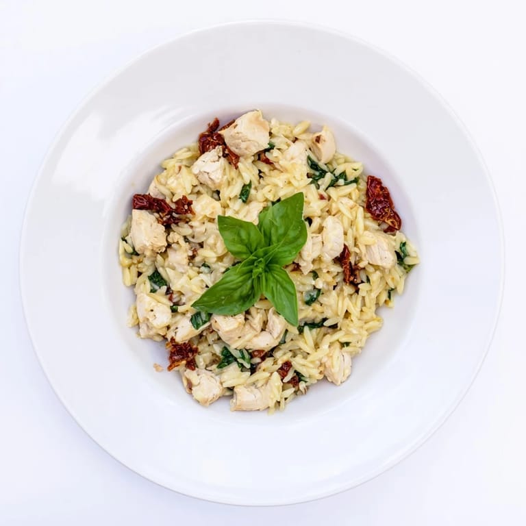 Savory Tuscan Chicken Orzo in a rich cream sauce, garnished with basil and ready to serve alongside crusty bread.