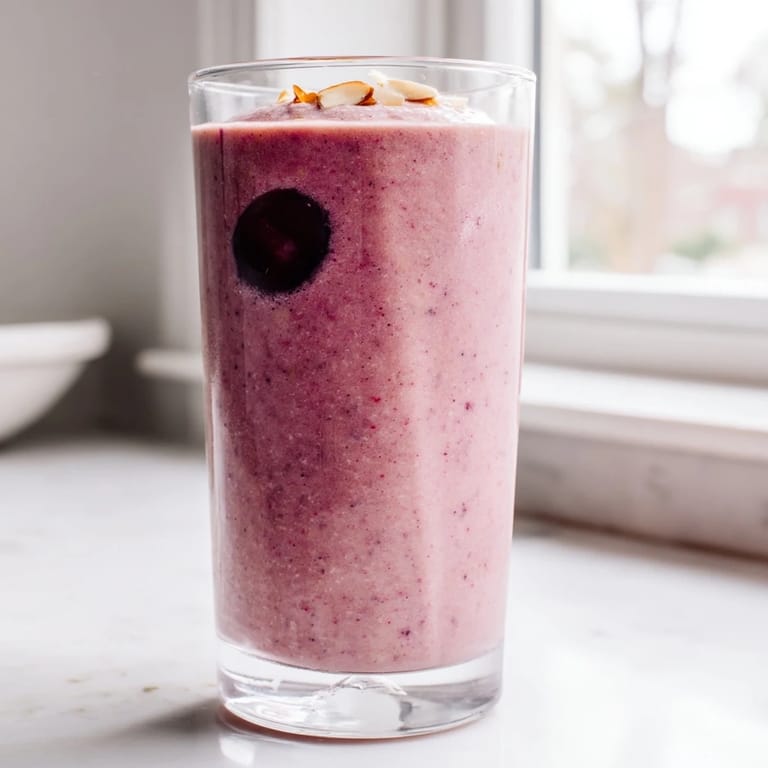 Close-up of a creamy, vibrant red cherry almond smoothie in a tall glass, with a straw and almond butter swirl.