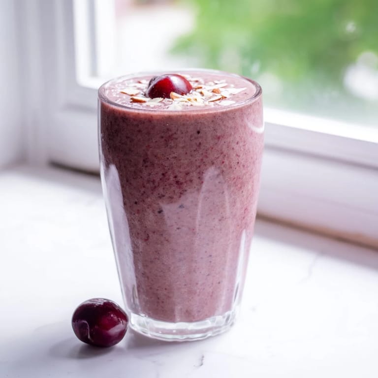 Two servings of cherry almond smoothie on a wooden table, garnished with cherries and almonds, ready for a nutritious drink.