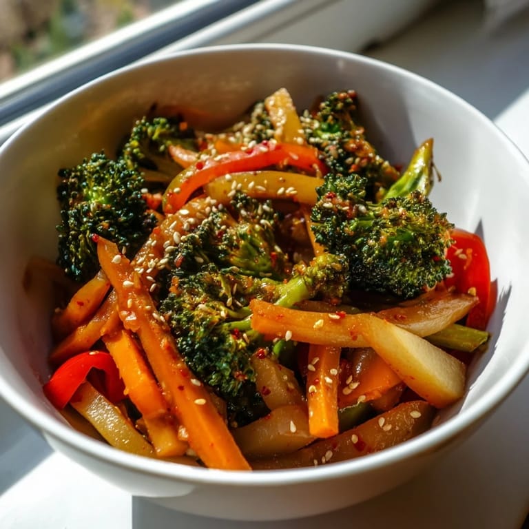 Steam rises from a bowl of Comforting Fermented Veggie Winter Stir-Fry with kimchi and scallions.