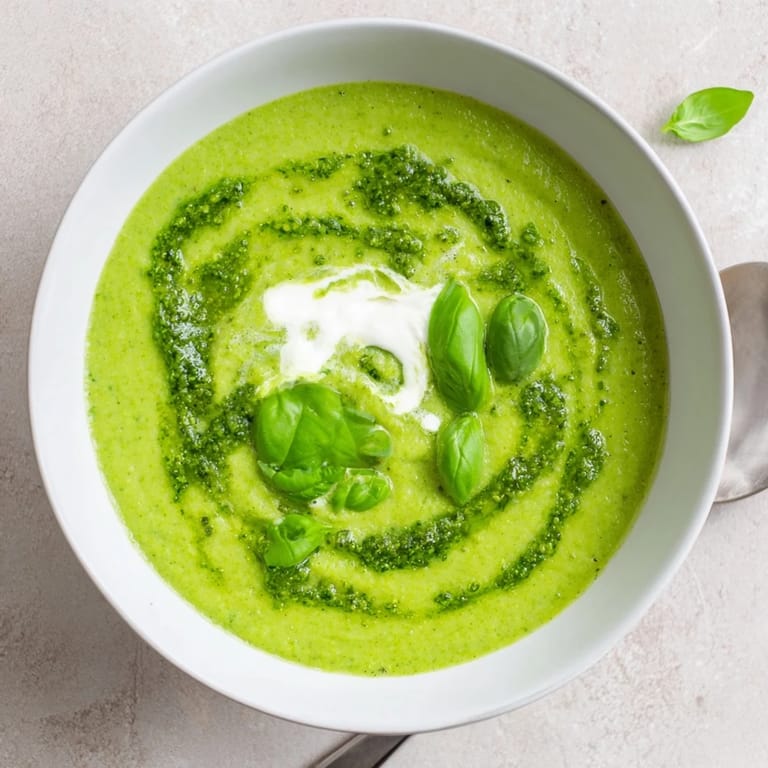 Close-up view of smooth green Courgette, Pea and Pesto Soup topped with a dollop of yogurt and basil leaves.