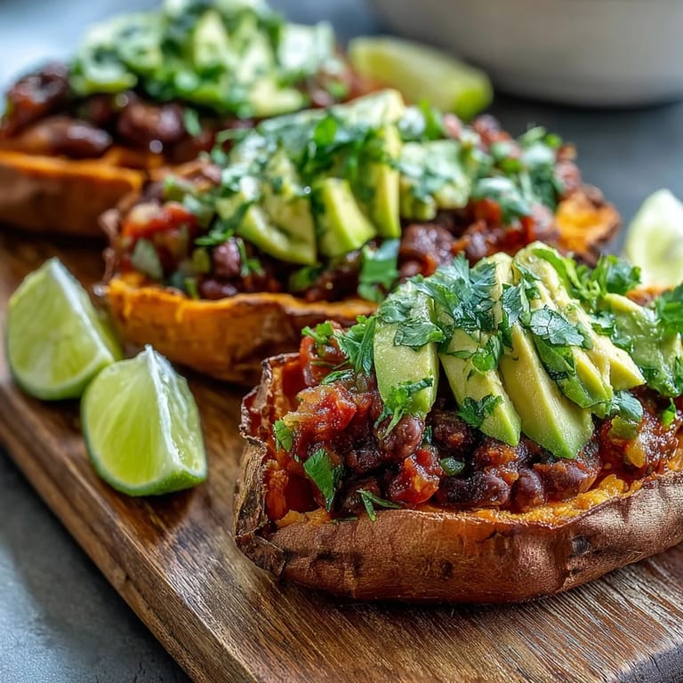 Gourmet roasted sweet potatoes featuring chipotle black beans and a refreshing zesty tomato topping.