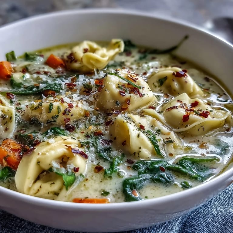 Creamy easy tortellini soup, garnished with Parmesan, perfect for a cozy dinner.