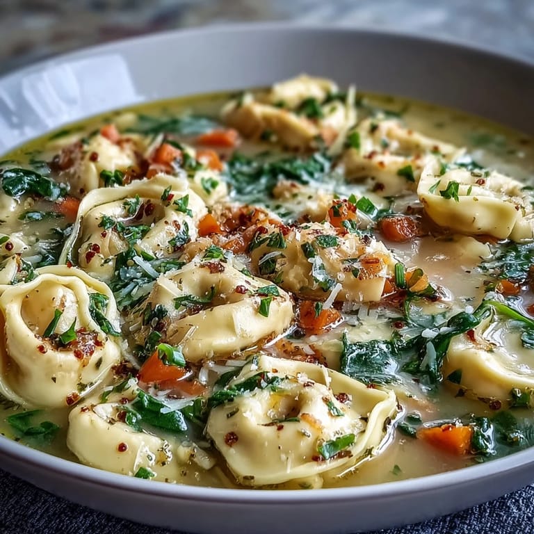 A comforting bowl of easy tortellini soup with tender pasta and fresh greens.