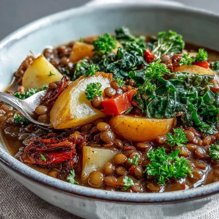 A vibrant bowl of vegetarian lentil stew, topped with fresh parsley, ready to serve.