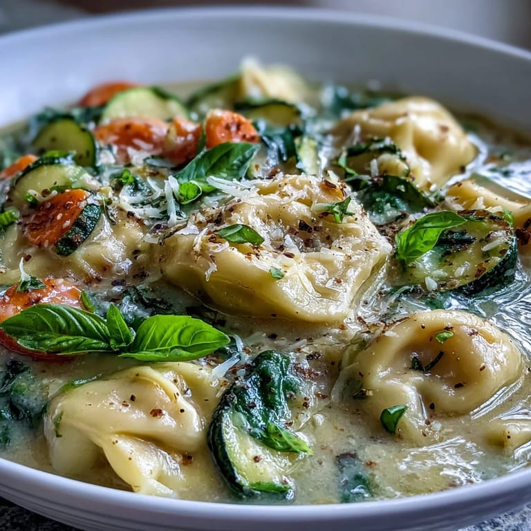 Golden Creamy Vegetable Tortellini Soup brimming with tender veggies and pasta.