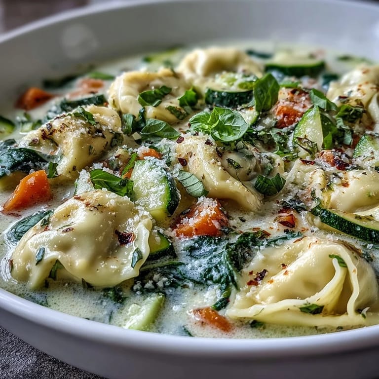 Comforting Creamy Vegetable Tortellini Soup, perfect for a cozy weeknight dinner.