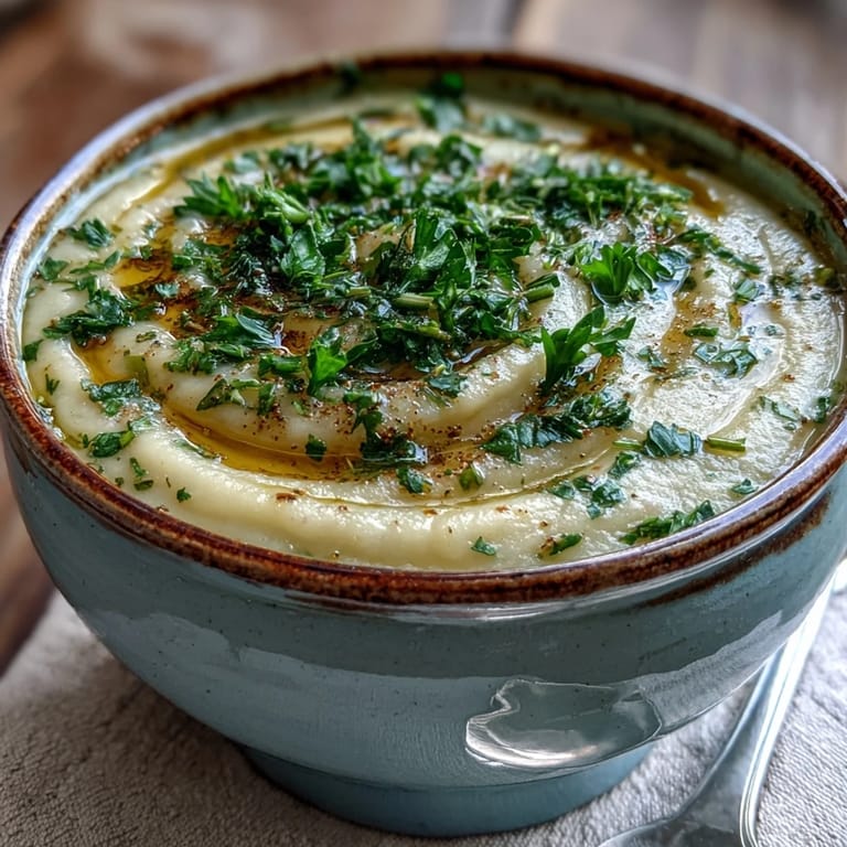 Warming parsnip and herb soup, a delicious starter with vibrant green herbs.