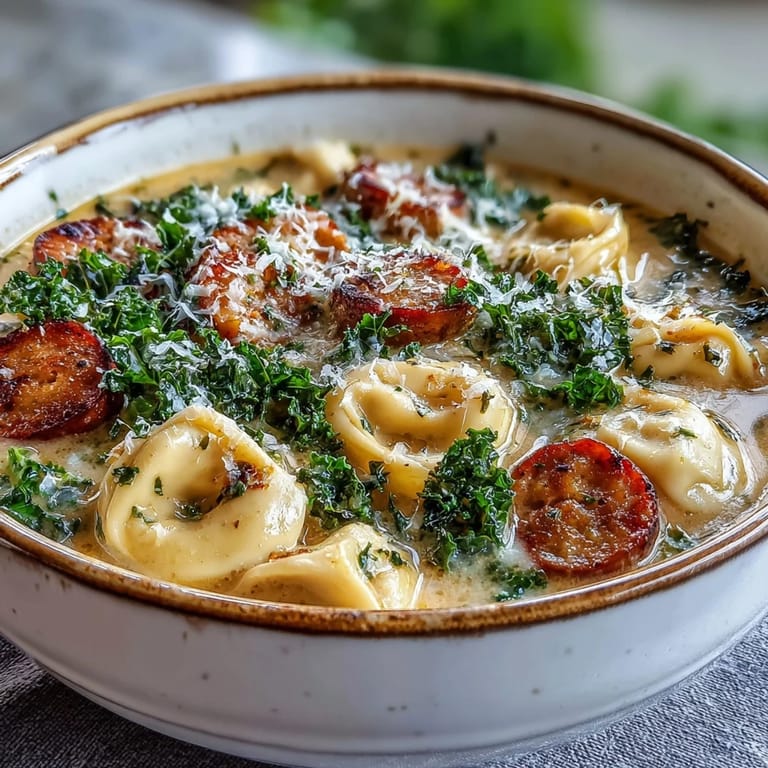 Flavorful chicken sausage pumpkin tortellini soup, garnished with fresh Parmesan cheese.