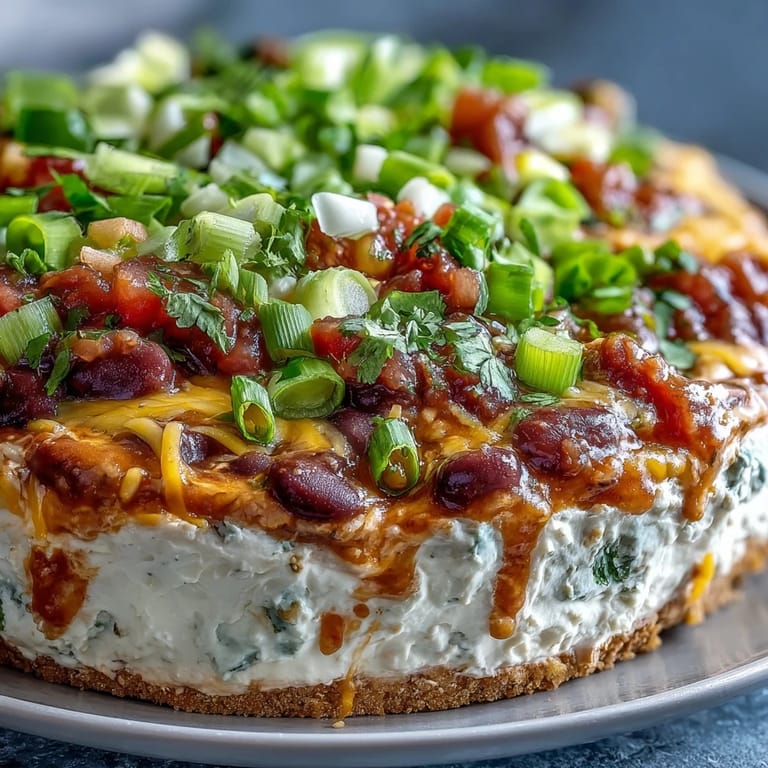 A vibrant bowl of 4-Way Layered Dip topped with olives and green onions, ready for a party snack spread.