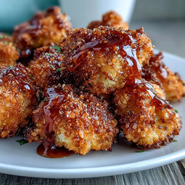 Oven-roasted Crunchy Baked Hot Honey Cauliflower florets on a plate, garnished with red pepper flakes for extra heat.