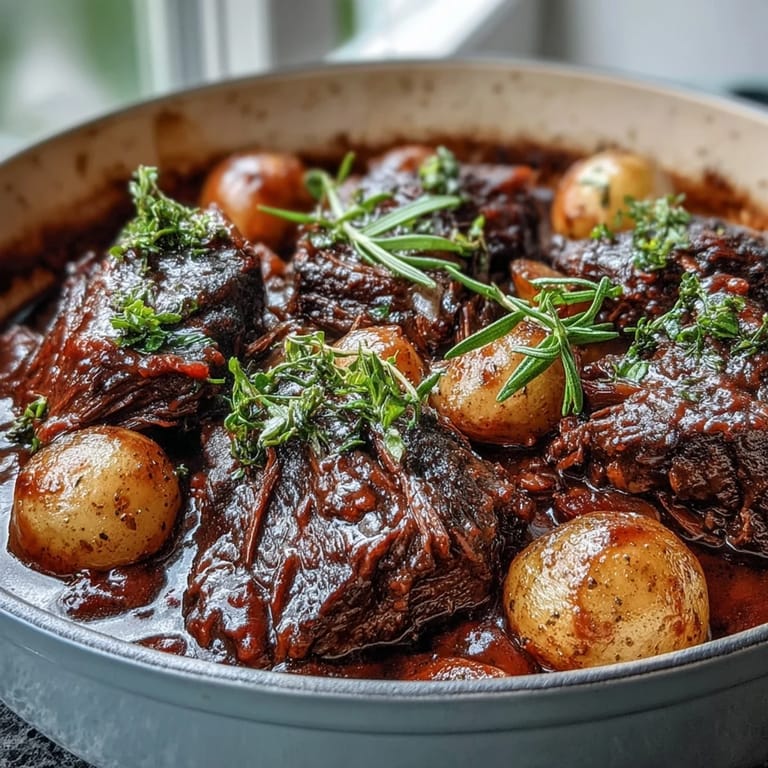 Slow-braised beef pot roast is served on a platter garnished with fresh parsley, ready to be paired with buttered noodles.