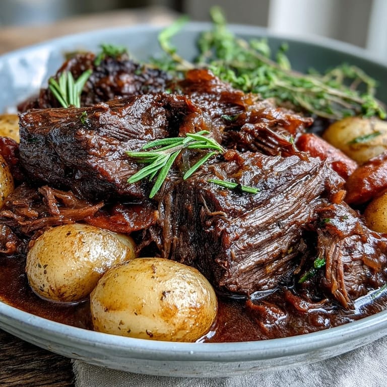 A hearty beef pot roast is garnished with fresh thyme, showcasing juicy meat and soft vegetables in a savory red wine sauce.