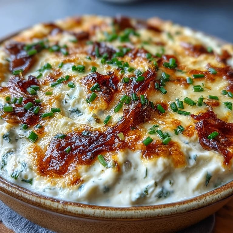 A warm baking dish holds golden baked smoked Gouda & onion dip, garnished with chives. Served with tortilla chips and veggies for a perfect party snack.