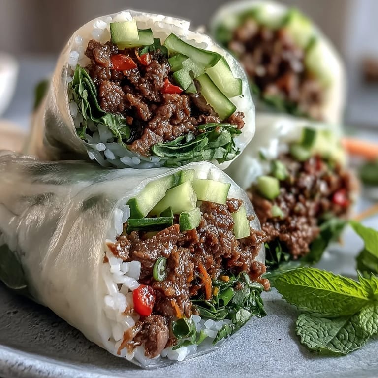 Sliced Thai Basil Beef Rolls showing layers of seasoned beef, cucumber, and carrots, ready for a party platter.