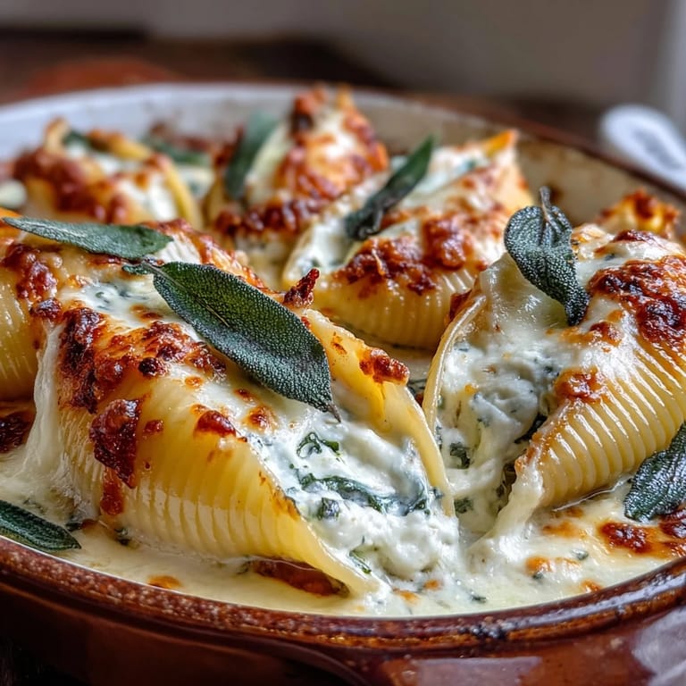 Close-up of Pumpkin & Gouda Stuffed Shells drizzled with brown butter sage Alfredo sauce, sprinkled with extra Parmesan and fresh cracked pepper.