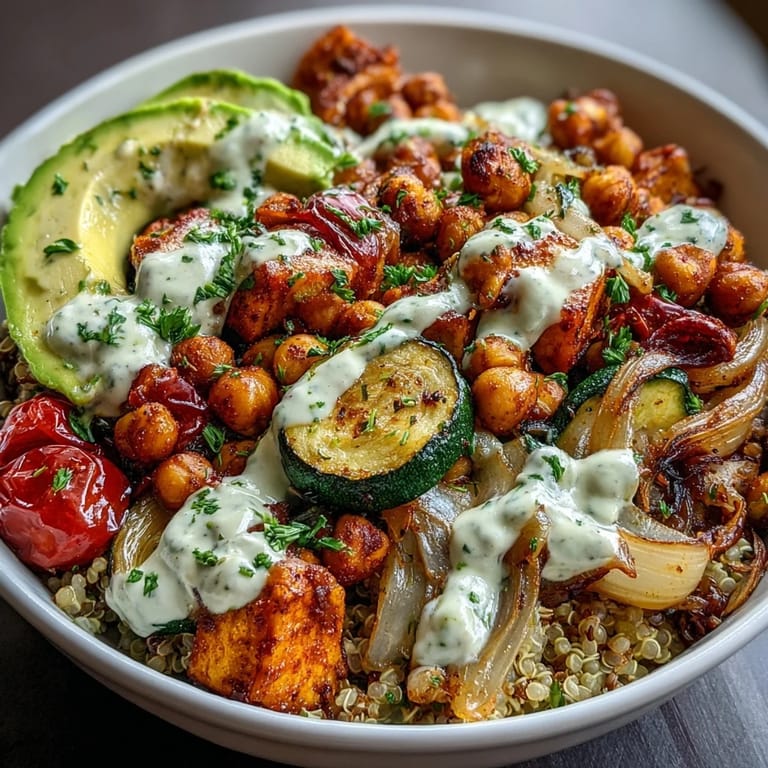 Golden, crispy spiced chickpeas and tender roasted vegetables fill this hearty Chickpea Power Bowl, finished with fresh herbs and a rich tahini drizzle.