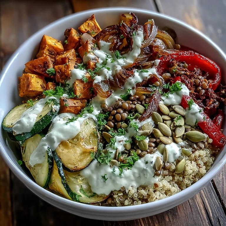 Vibrant Lentil Power Bowl featuring tender grains, roasted peppers, and crunchy pumpkin seeds.