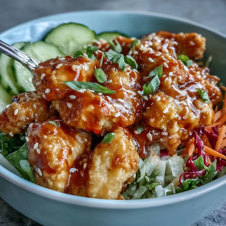 Plated Bang Bang Chicken Bowl with tender chicken, fresh veggies, and sesame seeds, perfect for a quick dinner.
