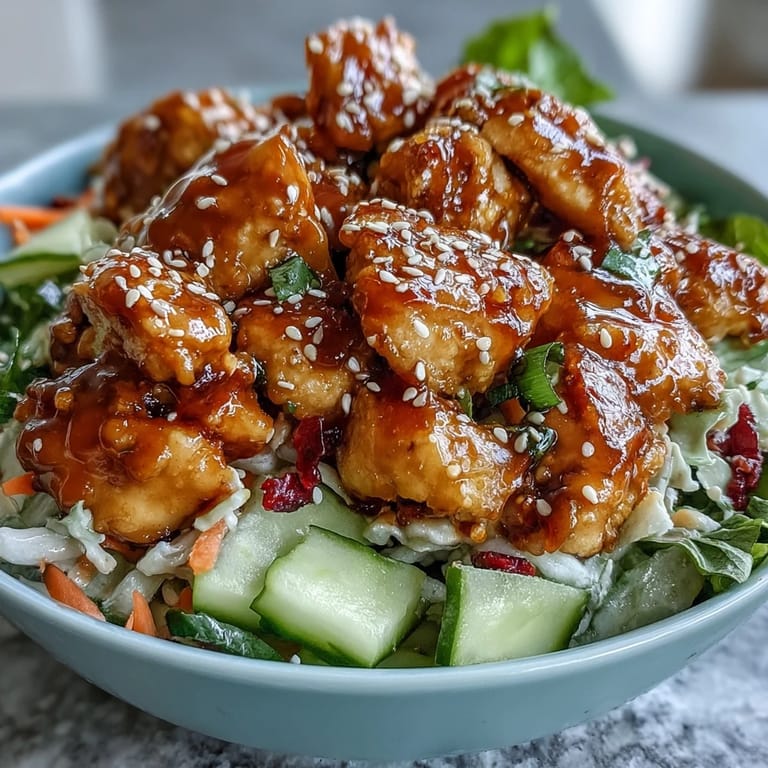 A close-up of a savory Bang Bang Chicken Bowl topped with sliced cucumbers, red cabbage, and spicy sauce.