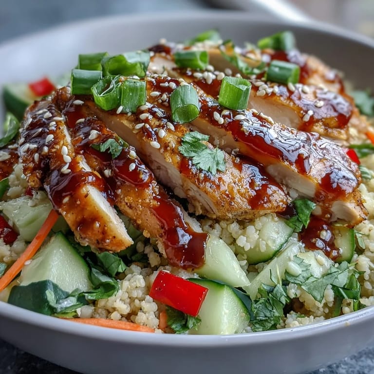 Close-up of a hearty bowl featuring pearl couscous, juicy chicken, red bell pepper, and green onions tossed in a tangy Asian-Mediterranean dressing.