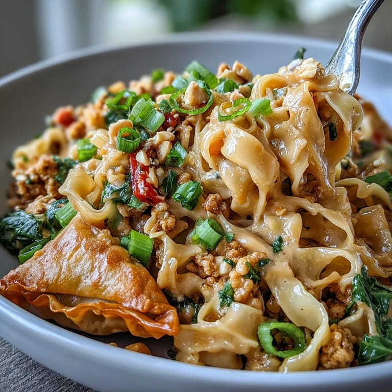 Golden brown potsticker-style noodles with crispy edges mingle in Creamy Thai-Inspired Peanut Noodle Bowls, tossed with snap peas and carrots in a rich peanut sauce.