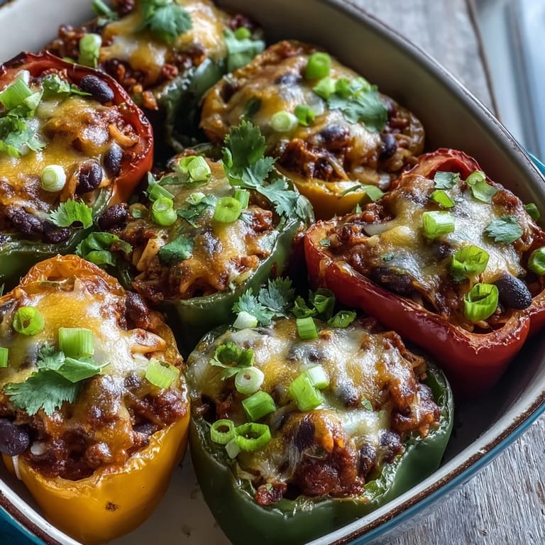 Fresh cilantro garnishes these cheesy baked chili mac stuffed peppers, served warm with a golden crust.