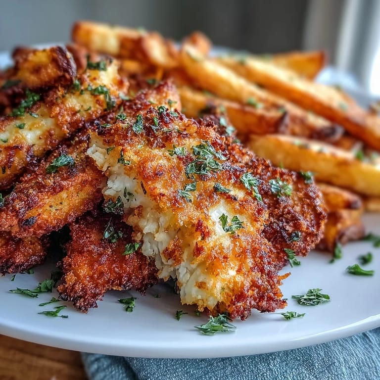 Homemade Crispy Baked Chicken Parmesan Fries, golden strips beside a red marinara sauce and creamy ranch dip.