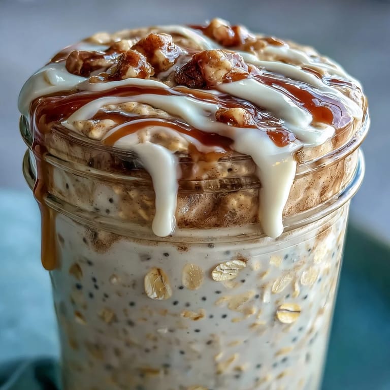 High-Protein Cinnamon Roll Overnight Oats layered with Greek yogurt and oats for a healthy breakfast. 