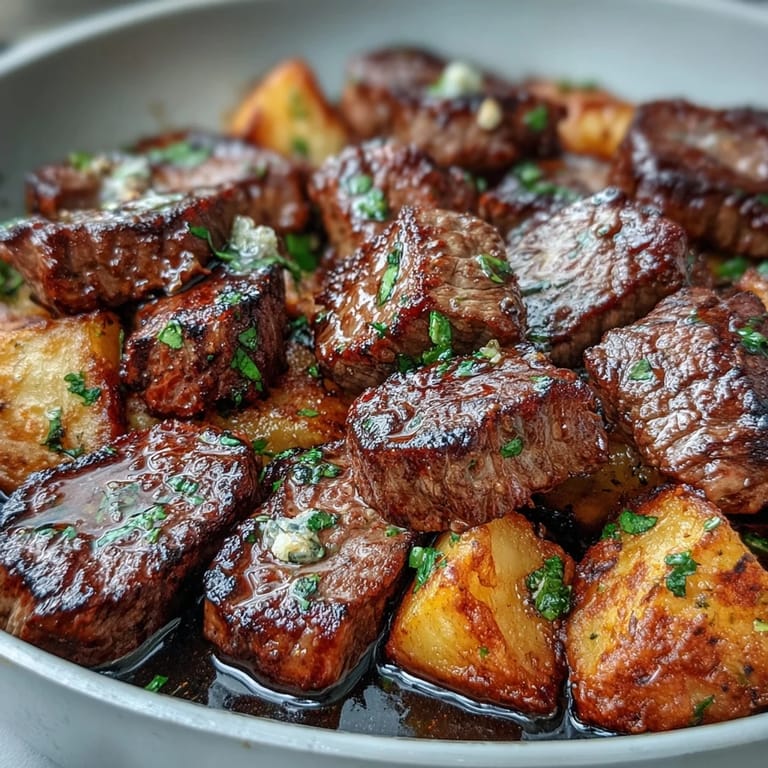 Tender Garlic Butter Steak & Potato Skillet ready to serve with fresh parsley and chives on top.