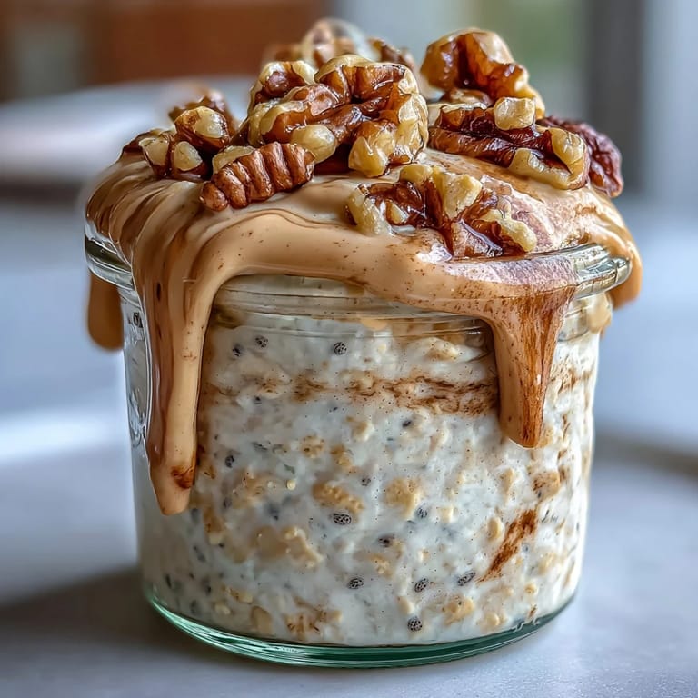 High-Protein Cinnamon Roll Overnight Oats layered with Greek yogurt and a luscious cream cheese glaze.