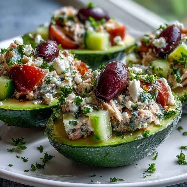 Colorful Mediterranean Tuna Salad Stuffed Avocados served in the avocado shells on a rustic plate.