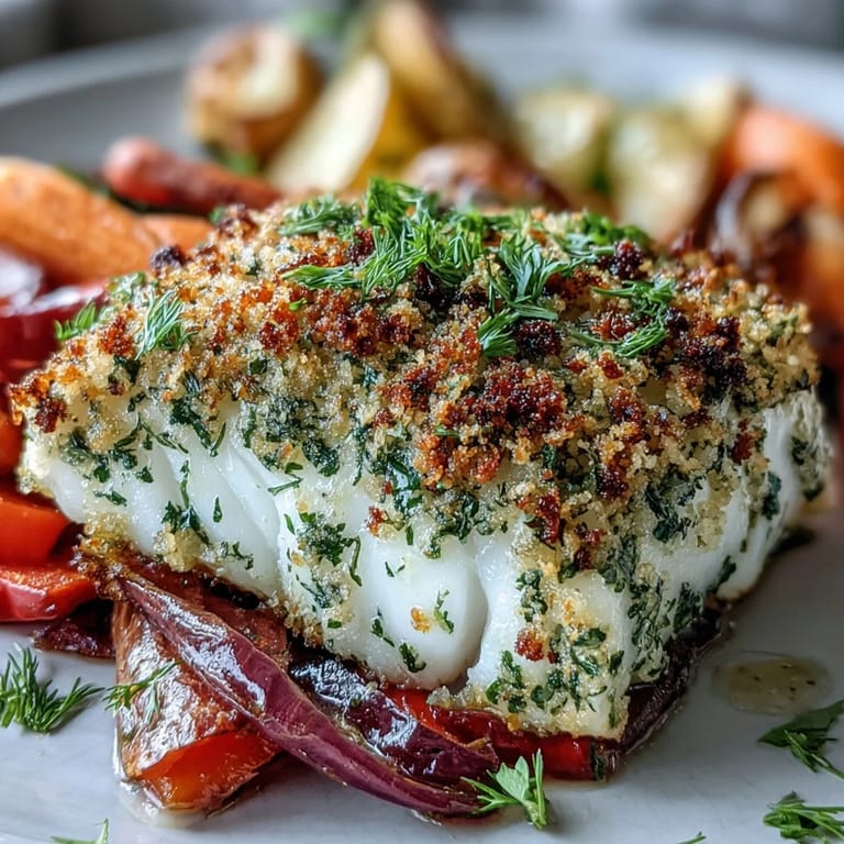 Freshly baked Herb-Crusted Baked Cod served with colorful roasted vegetables and bright lemon wedges on the side.